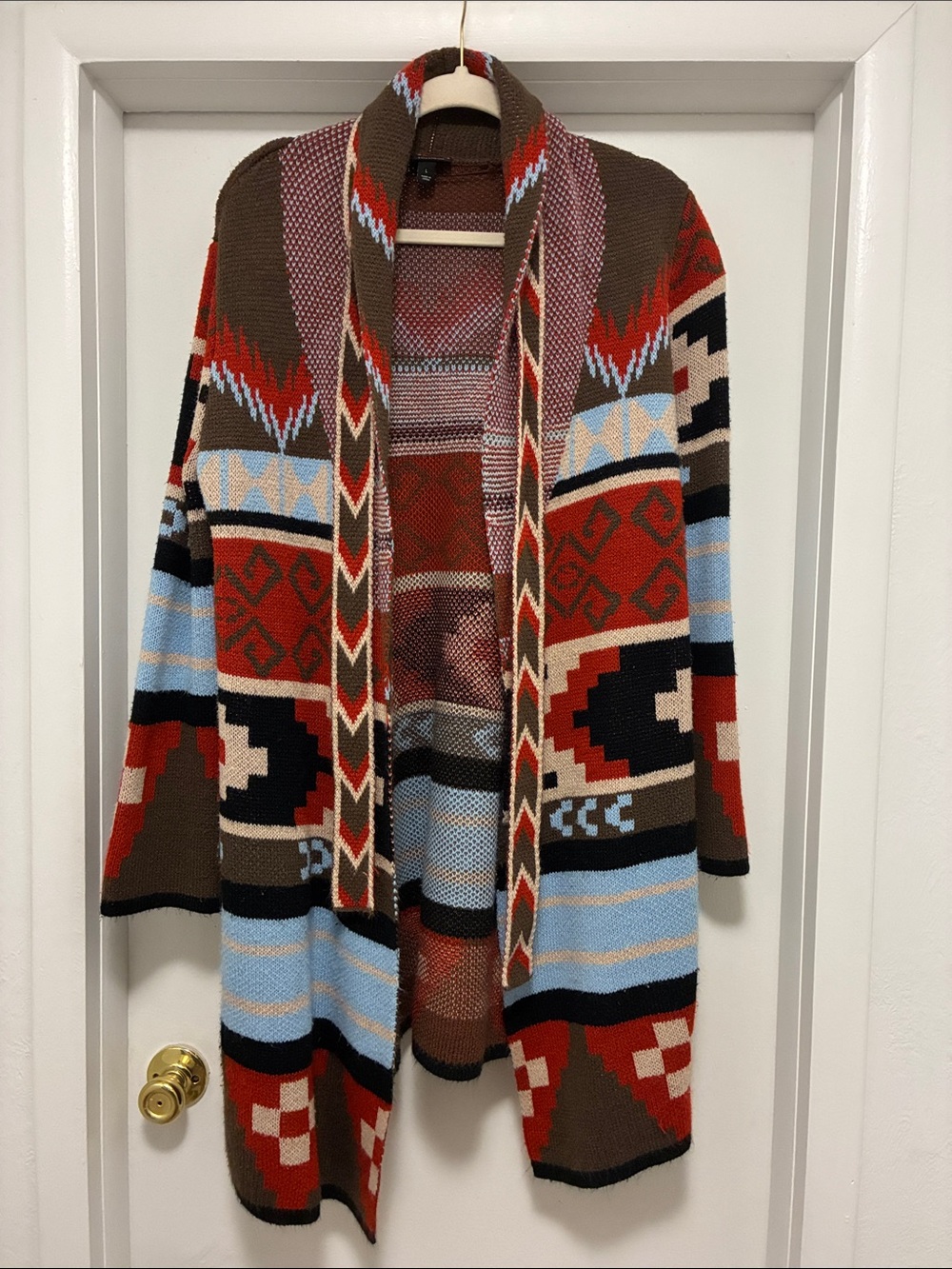 a.n.a Open-Front Aztec Cardigan in Brown, Red, Blue